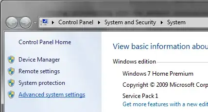 Advanced system settings highlighted in Control Panel\System and Security\System