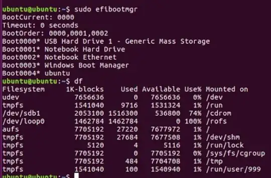 <code>sudo efibootmgr</code> and <code>df</code> in Try Ubuntu