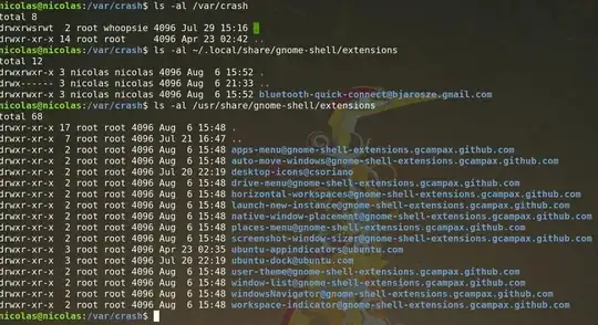 crash files, gnome shell extensions listed in terminal