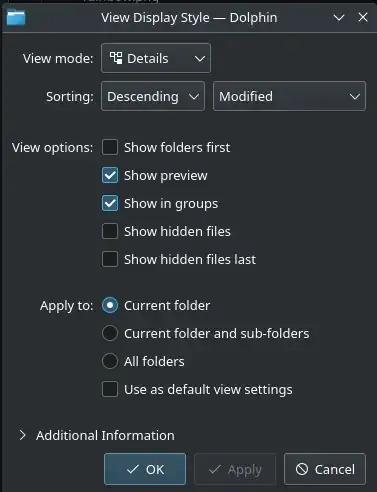 UI of Dolphin demonstrating "Apply to: Current folder and sub-folders"