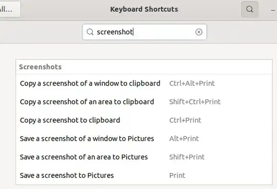 Screenshot of keyboard shortcuts