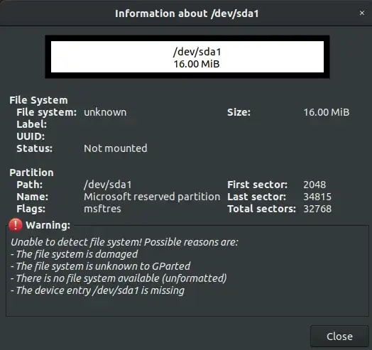 Image of error information in GParted