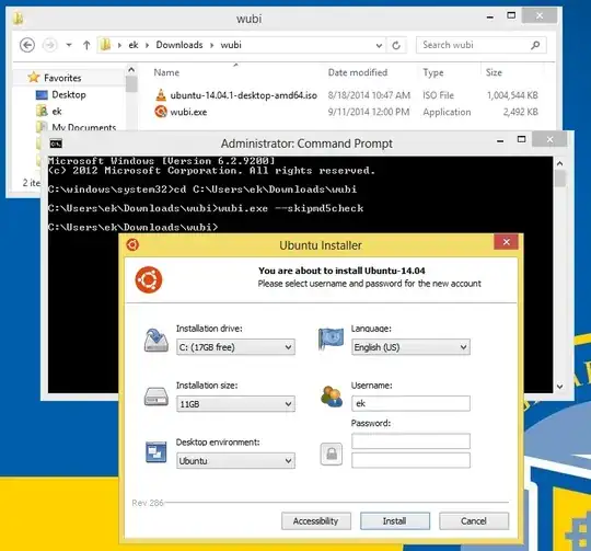 Having put wubi.exe and ubuntu-14.04.1-desktop-amd64.iso in a folder by themselves, I start a Command Prompt as administrator (since UAC is enabled on this Windows system) and run cd C:\Users\ek\Downloads\wubi (you'll have to replace this with the correct location on your system) followed by wubi.exe --skipmd5check.
