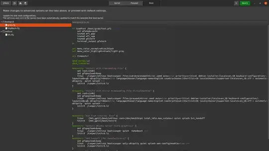 Editing grub.cfg boot parameters to use preseeding file.