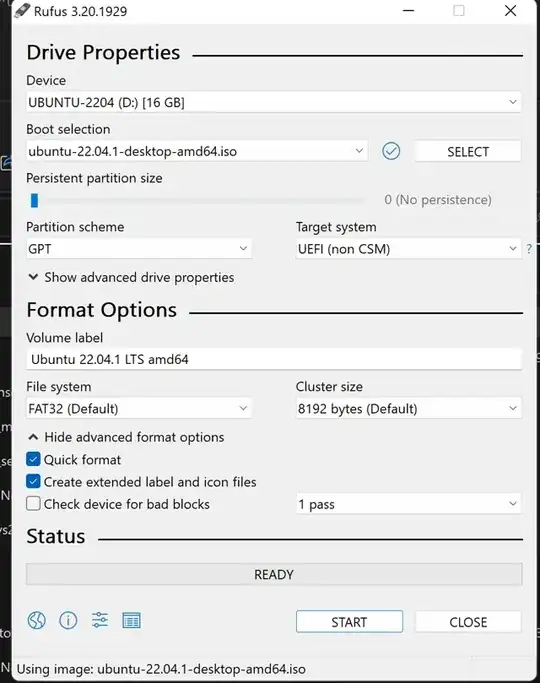 rufus settings ubuntu 22.04