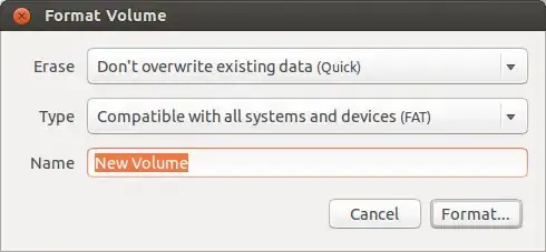 Erase option, filesystem type option, and Name field shown in Format Volume dialog
