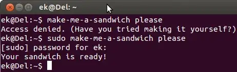 Screenshot illustrating the need for sudo: an administrator can only run certain commands successfully by doing so as <code>root</code>, which is usually done by prepending sudo (and a space) to the command.