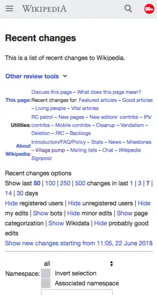 Recent changes special page in the Minerva skin before optimizations