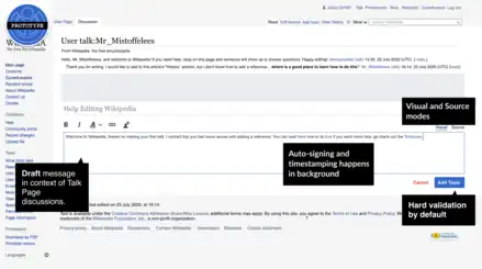  This image shows a screenshot of what it could look like to add a new discussion topic to a Wikipedia talk page to someone using the New Discussion Tool's visual mode.