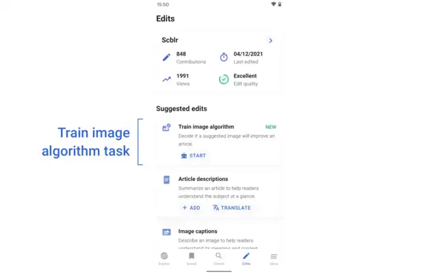 The 'Train image algorithm' task can be accessed via Suggested edits main screen.