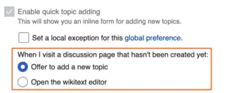 A screenshot showing the new setting introduced that enables people who have the New Topic Tool enabled to decide what they see when they navigate to a talk page that has not yet been created.