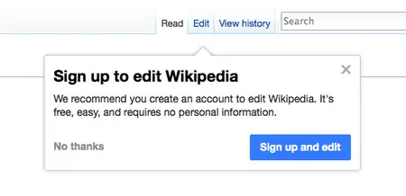 Screenshot of the CTA triggered on the main Edit button