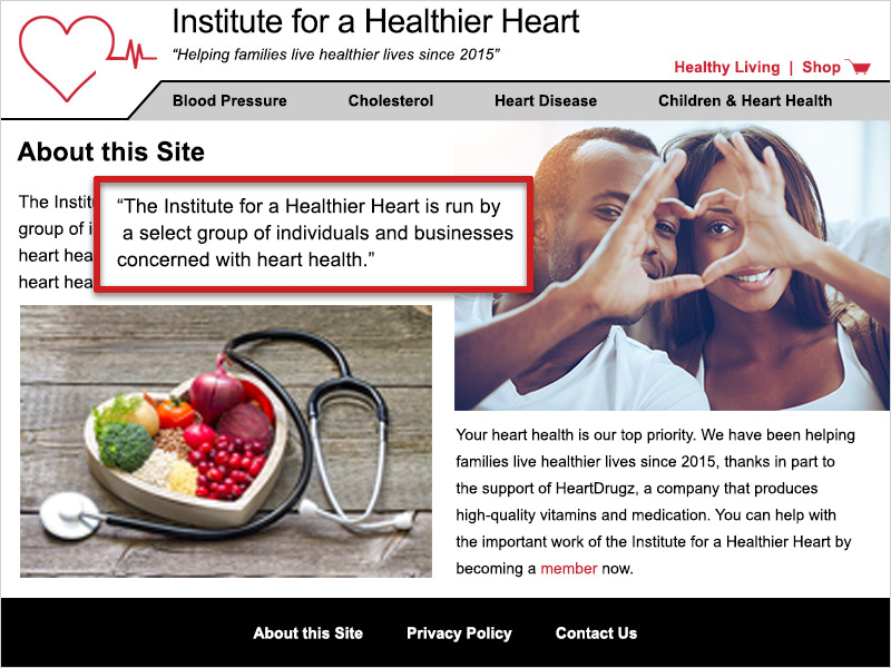 Screenshot of the IHH 'About this Site' page. A red box outlines the text 'The Institute for a Healthier Heart is run by a select group of individuals and business concerned with heart health.'