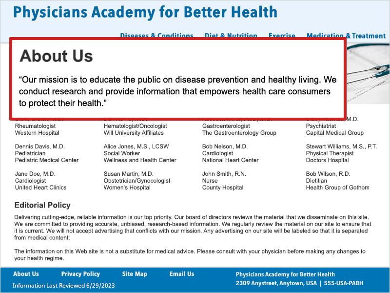 Screenshot of PABH 'About Us' page. A red box outlines the text of their mission statement. The page also contains a list of the Board of Directors and an Editorial Policy.