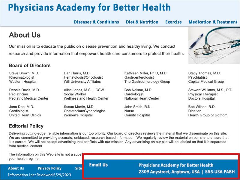 Screenshot of the PABH 'About Us' page. A red box outlines the contact information in the footer, which includes an 'Email Us' link, a mailing address, and a phone number.