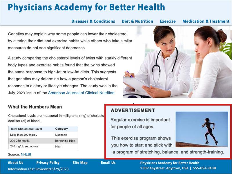 Screenshot of PABH homepage. A red box outlines a clearly labeled advertisement. The ad has a light blue background which visually separates it from the white background of the rest of the page.