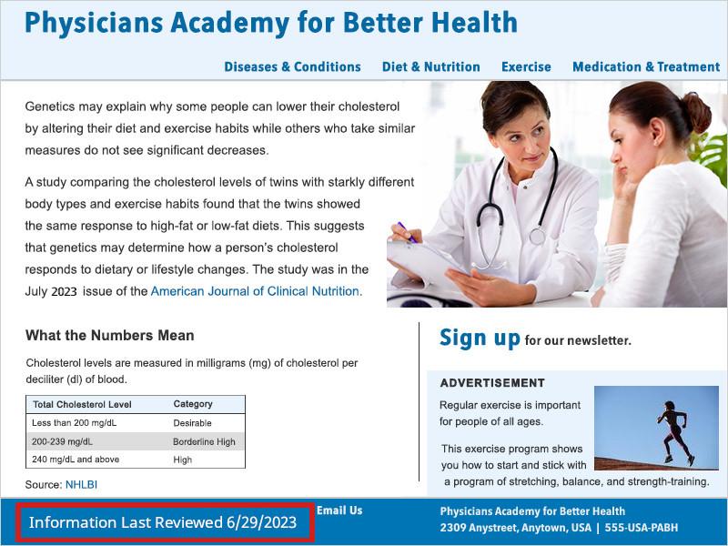 Screenshot of the PABH homepage. In the footer area, a red box outlines the text 'Information Last Reviewed June 29, 2023.'