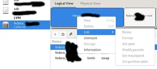 blivet GUI screenshots with an edit menu, where all entries are greyed out