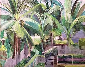 "Public Road, Kitty, Georgetown" by Leila Locke. Acrylic on canvas stretched over board, 73 x 50cm, painted by Leila Locke c.1973, Guyana. Destroyed in fire 2017.