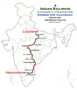 (Lucknow–Yesvantpur) Express (via Vijayawada) Route map