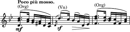 \relative c' \new Staff \with { \remove "Time_signature_engraver" } {
\key bes \major \time 2/4 \tempo "Poco più mosso."
<<
{
<d' bes d,>8.\mf ^\markup (Org) ( <c a>16 <bes g> <a fis> d, <fis c>) s2
<f' d f,>8. ^\markup (Org) ( <es bes~>16 <d bes> <c f,~> f, <a c>)
}
\\
{ s2 \voiceOne \acciaccatura d,8 d'8.\sf ^\markup (Vn) ( c16) bes\>( a) d,( es\!) s2 }
>>
}