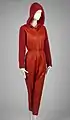 1963 red leather and mohair knit hooded jumpsuit