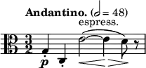 \relative c' { \clef alto \time 3/2 \key c \major \tempo "Andantino." 2 = 48 g-.\p c,-. e'2~\<^"espress."( e4\!\> d8)\! r8 }