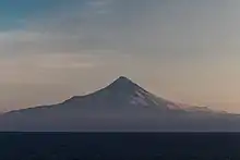 Shishaldin (9,373&nbsp;ft; 2,857&nbsp;m) volcano as seen from the Unimak Pass in the morning light.