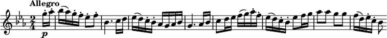 \relative c'' {
\clef "treble"
\tempo "Allegro"
\key ees \major
\time 2/4
\tempo 4 = 120
\partial 4 \partial 8 g'16-.\p aes-.
bes (aes) g-. f-. ees8-. f-.
bes,4. c16 d
ees (d) c-. bes-. aes g aes bes
g4. aes16 bes
c8 d16 ees f (g) aes-. f-.
ees (d) c-. bes-. ees8 f16 g
aes8 aes g g
f16 (d) ees-. c-. bes8
}