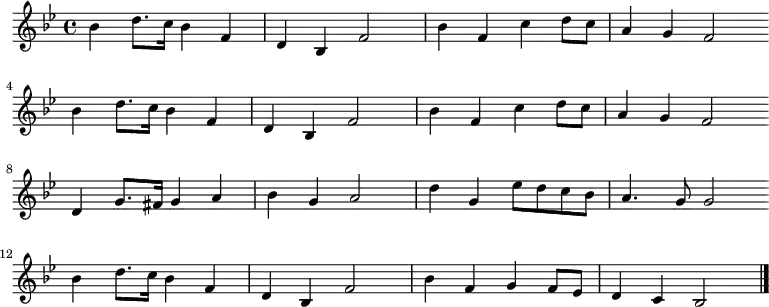 \new Staff <<
\clef treble \key bes \major {
\time 4/4 \partial 1
\relative bes' {
bes4 d8. c16 bes4 f | d4 bes f'2 | bes4 f c' d8 c | a4 g f2 \bar"" \break
bes4 d8. c16 bes4 f | d4 bes f'2 | bes4 f c' d8 c | a4 g f2 \bar"" \break
d4 g8. fis16 g4 a | bes4 g a2 | d4 g, es'8 d c bes | a4. g8 g2 \bar"" \break
bes4 d8. c16 bes4 f | d4 bes f'2 | bes4 f g f8 es | d4 c bes2 \bar"|."
}
}
%\new Lyrics \lyricmode {
%}
>>
\layout { indent = #0 }
\midi { \tempo 4 = 86 }