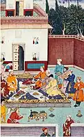 A banquet including roast goose given for Babur by the Mirzas in 1507 (miniature c. 1590)