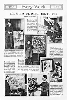 Albert Gleizes (with Chal Post, 1915); Marcel Duchamp (with his brother Jacques Villon's Portrait de M. J. B. peintre (Jacques Bon) 1914); Jean Crotti; Hugo Robus; Stanton Macdonald-Wright; and Frances Simpson Stevens (center), Sometimes we dread the future, Every Week, Vol. 4, No. 14, April 2, 1917, p. 14