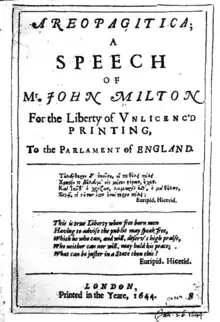 Image 23John Milton's Areopagitica (1644) argued for the importance of freedom of speech. (from Liberalism)