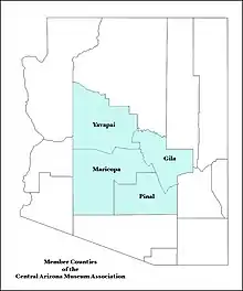 Arizona map showing counties served by the Central Arizona Museum Association.