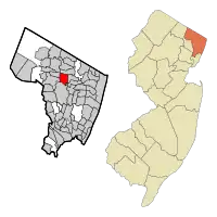 Location of Washington Township in Bergen County highlighted in red (left). Inset map: Location of Bergen County in New Jersey highlighted in orange (right).
