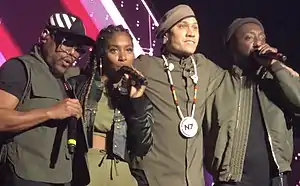 Black Eyed Peas performing with J Rey Soul at O2 Apollo Manchester in November 2018. From left:apl.de.ap, J. Rey Soul, Taboo, will.i.am.