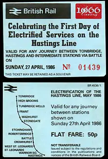 Photograph showing both sides of the souvenir ticket from the first day of electric train operation, 27 April 1986.