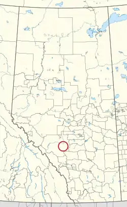 A map of the province of Alberta showing 80 counties and 145 small Indian reserves. One is highlighted with a red circle.