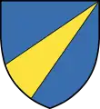 Arms of Kagg family&nbsp;[sv] (Sweden): Azure, a pile issuing from the base in bend sinister Or.
