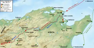 A map of northern Tunisia and north-east Algeria showing the route of Scipio's army