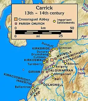 Map of Carrick, 13th–14th century, on the east shore of a large body of water. Its centre was Crossraguel Abbey about 5&nbsp;km inland. Nine parish churches and eleven important settlements ranged from Ballantrae in the south at the mouth of the Stinchar, then 40&nbsp;km north to Greenan at the mouth of the Doon, and east to Bennan about 20&nbsp;km up the Girvan.