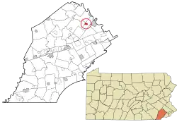 Location of Kimberton in Chester County, Pennsylvania (top) and of Chester County in Pennsylvania (below)