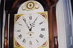 Close-up Photo of the Face of the Astronomical Case Clock containing its creator's label  “Thos Voight  Philadelphia” (Photo furnished by the Thomas Jefferson Foundation with permission for use in this article)