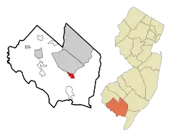 Map of Laurel Lake highlighted within Cumberland County. Right: Location of Cumberland County in New Jersey.