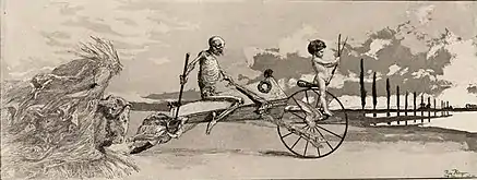 Cupid, Death, and the Beyond, from the series Intermezzi, Opus IV, no. 12 (1881), etching and aquatint, 15.7 × 40.7 cm., Philadelphia Museum of Art