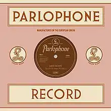 The cover art for David Bowie's 2014 single "Sue (Or in a Season of Crime)", featuring "Parlophone Record" in big letters on the top and bottom, with an LP disc in the center with the artist and song title