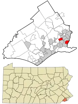 Location in Delaware County and the state of Pennsylvania.