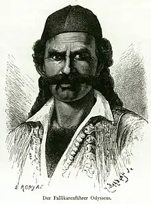 Black-and-white drawing  of a man in Greek national dress, with a moustache and a fierce expression.