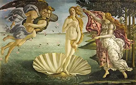 Large rectangular panel. At the centre, the Goddess Venus, with her thick golden hair curving around her is standing afloat in a large seashell. To the left, two Wind Gods blow her towards the shore where on the right Flora, the spirit of Spring, is about to drape her in a pink robe decorated with flowers. The figures are elongated and serene. The colours are delicate. Gold has been used to highlight the details.