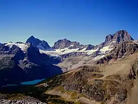 Eon Mountain to left, Aye Mountain centered, Assiniboine to right
